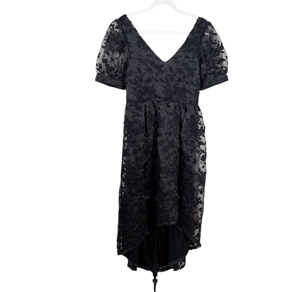 Lulus Be My Date Floral Embroidered High-Low Midi Dress Size L Black Puff Sleeve - Picture 2 of 13
